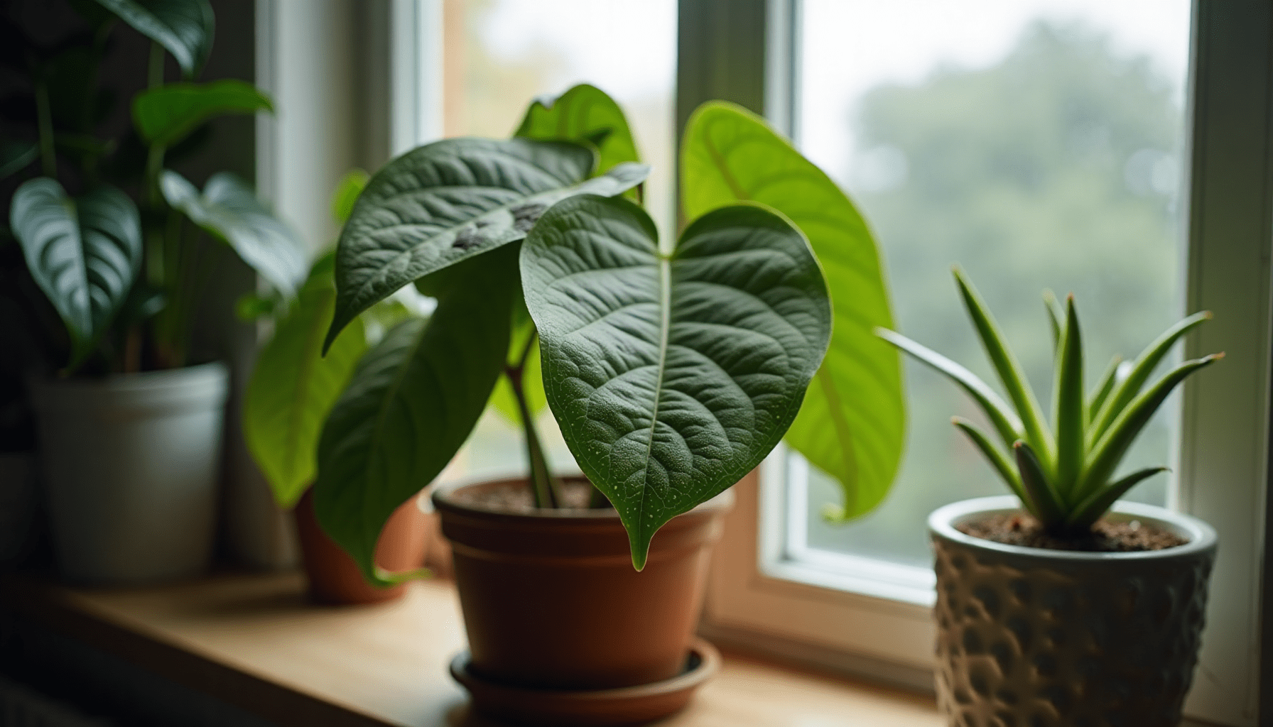 Houseplant on a windowsill showing extensive spider mite damage, including stippling and webbing, illustrating houseplant pest control needs.