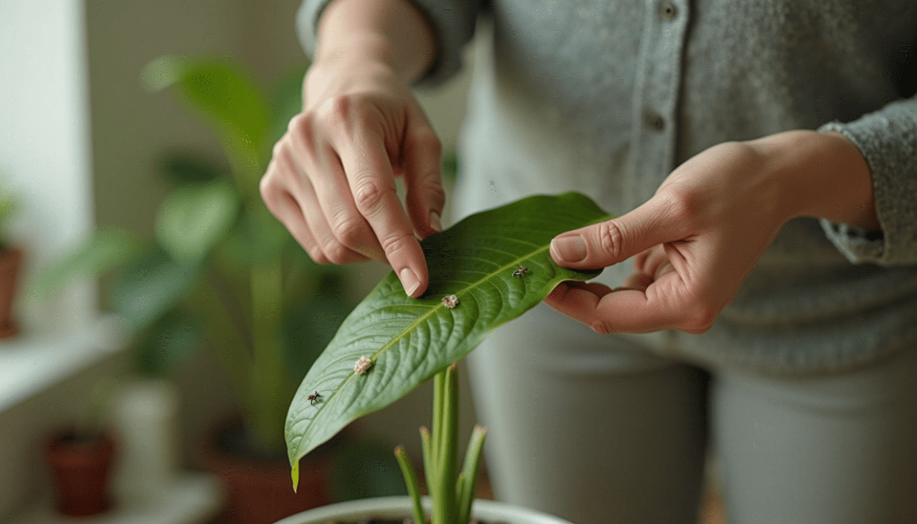 Person inspecting a houseplant leaf for spider mites, demonstrating hands-on natural spider mite removal techniques.