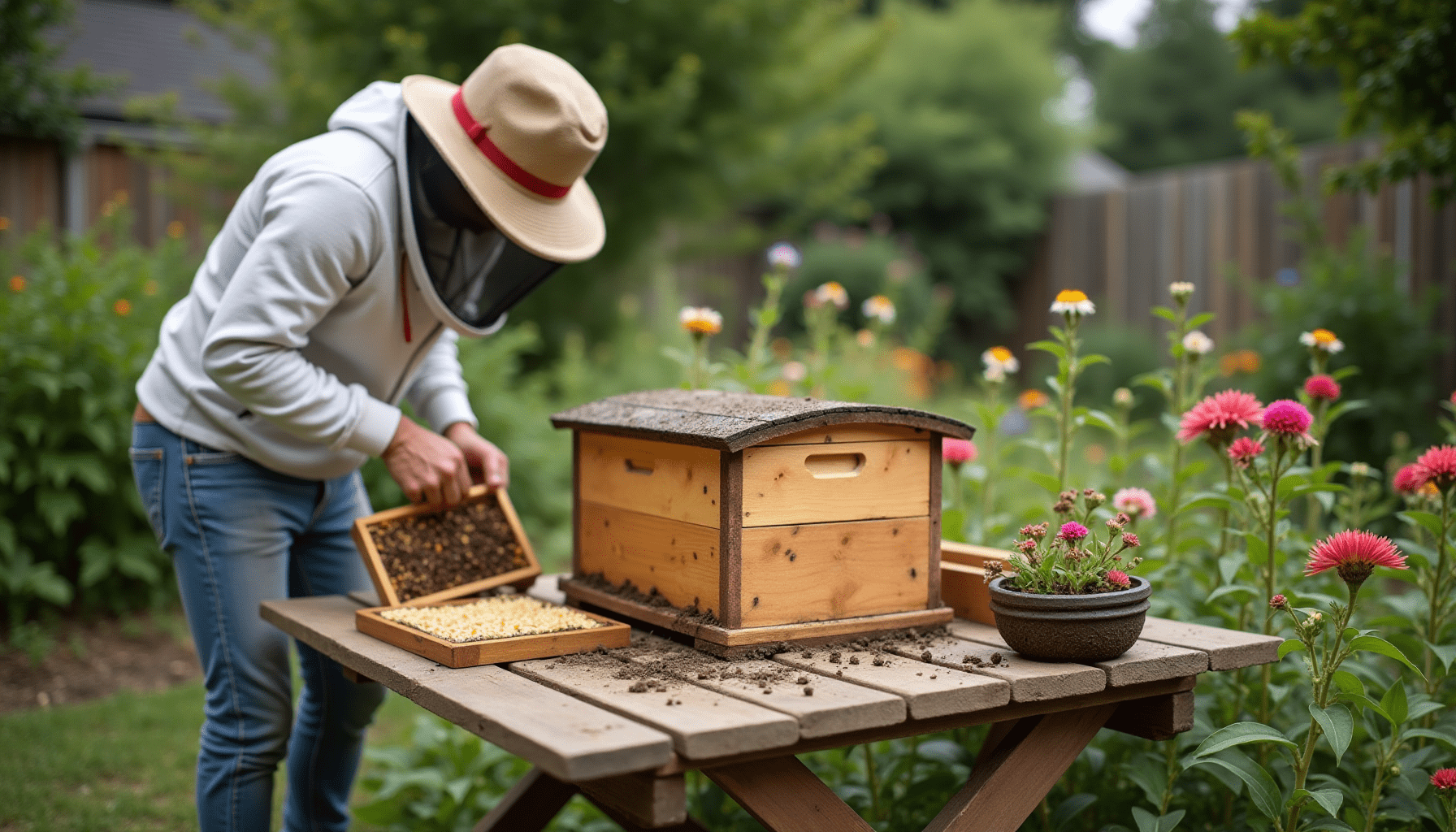 Beekeeping setup in a garden, showing a hive and blooming plants for beginners.