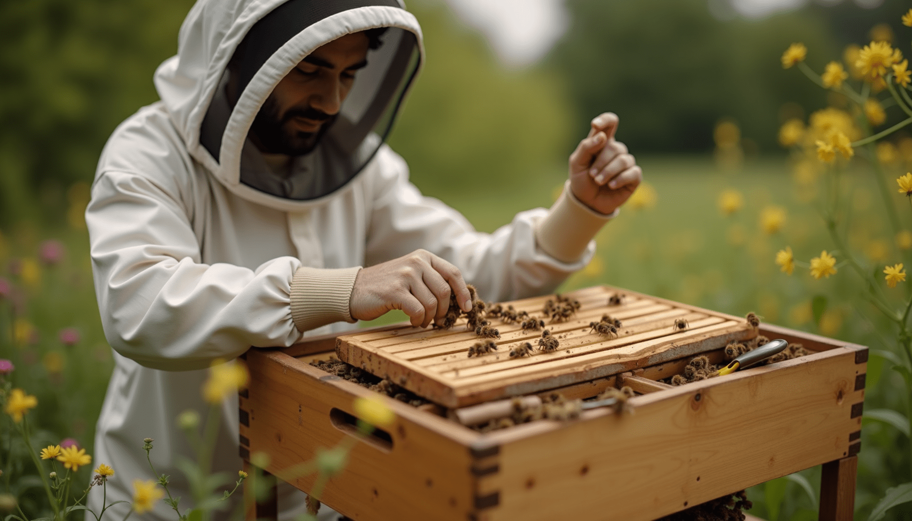 Beginner beekeeper inspecting a hive, showcasing realistic beekeeping practices.