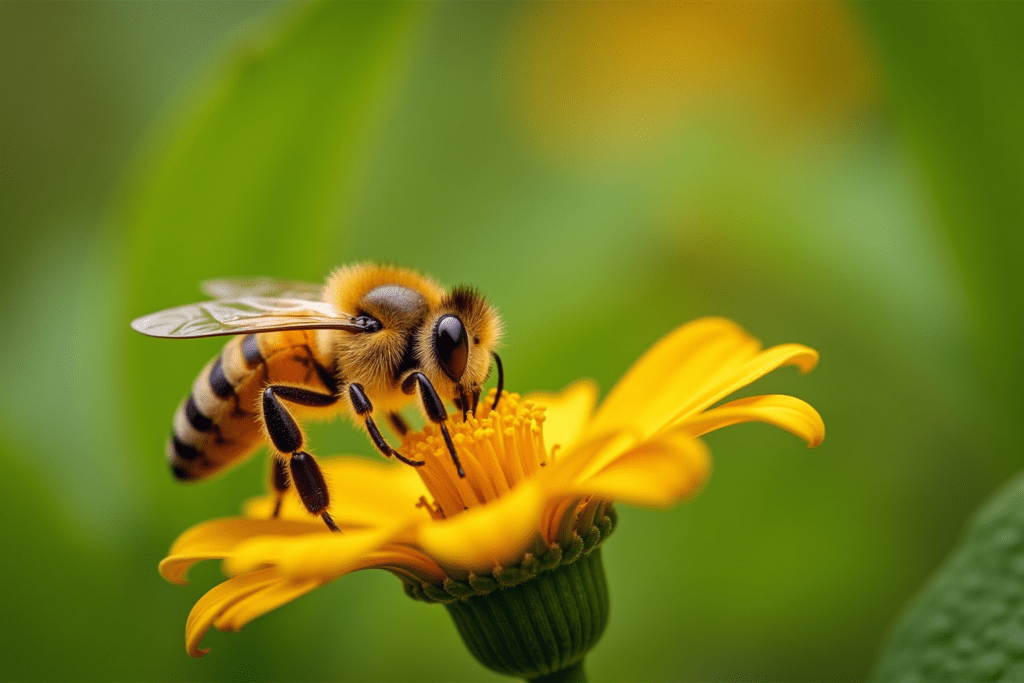 Close-up of a honeybee on a flower, highlighting details for beekeeping insights.