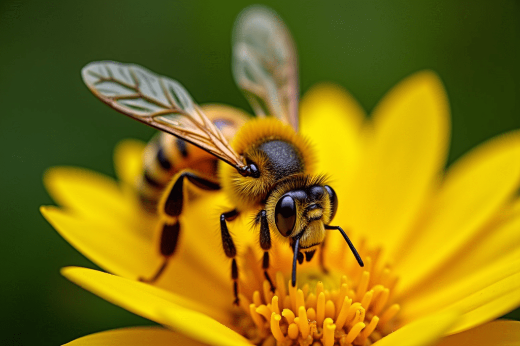Close-up of a honeybee on a flower, showcasing details for bee sting treatment context.