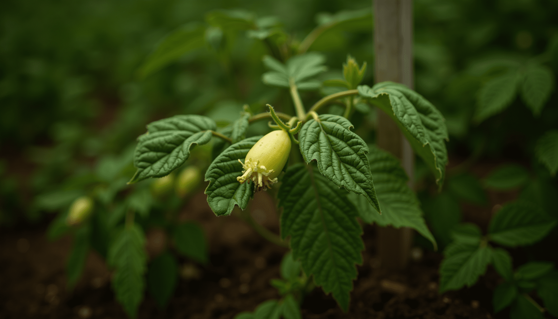 Tomato plant in a garden showing severe hornworm damage, illustrating the impact of garden pest management issues.