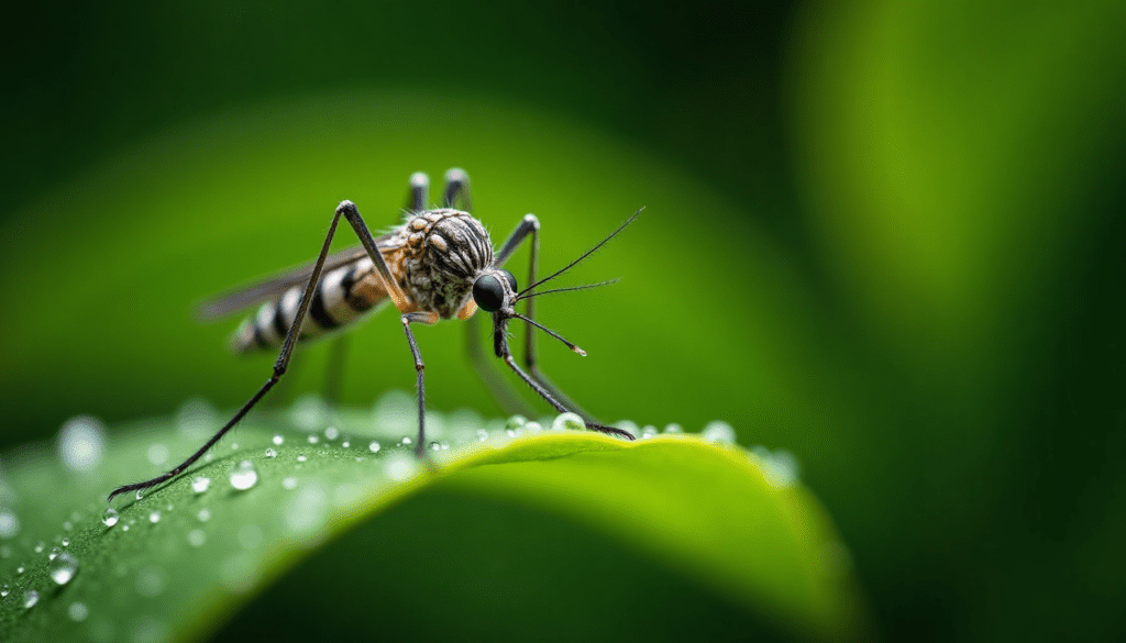 Close-up macro photograph of a mosquito resting on a green leaf, showcasing its detailed features, relevant to insect bites.
