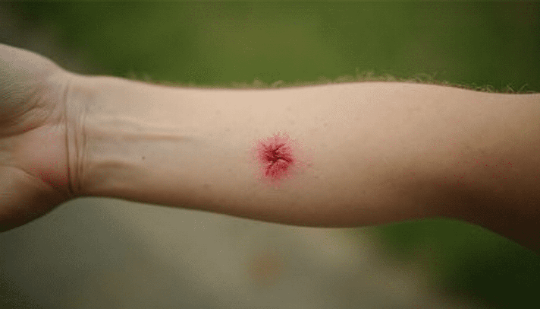 Close-up of a red, slightly swollen insect bite on a person's forearm, showing a potential infected insect bite.