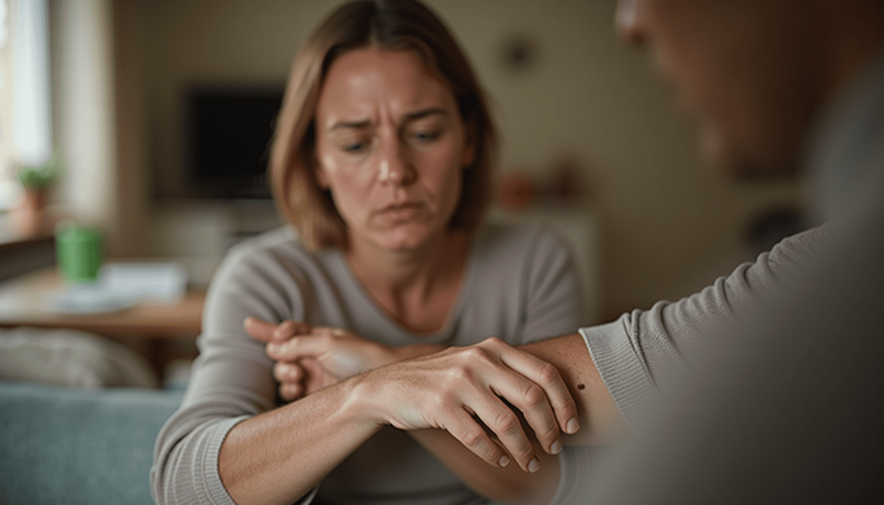 A person thoughtfully examining a red mark on their forearm, considering if an insect bite requires treatment or doctor visit.