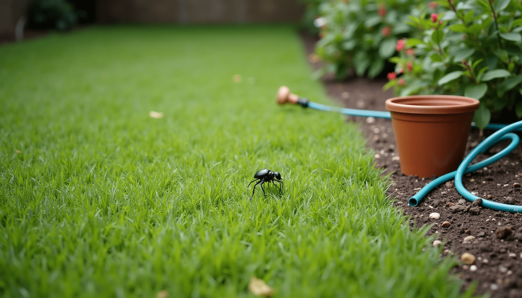 A medium-wide shot of a suburban backyard garden, showing common habitats for insects, useful for a bug bite chart.