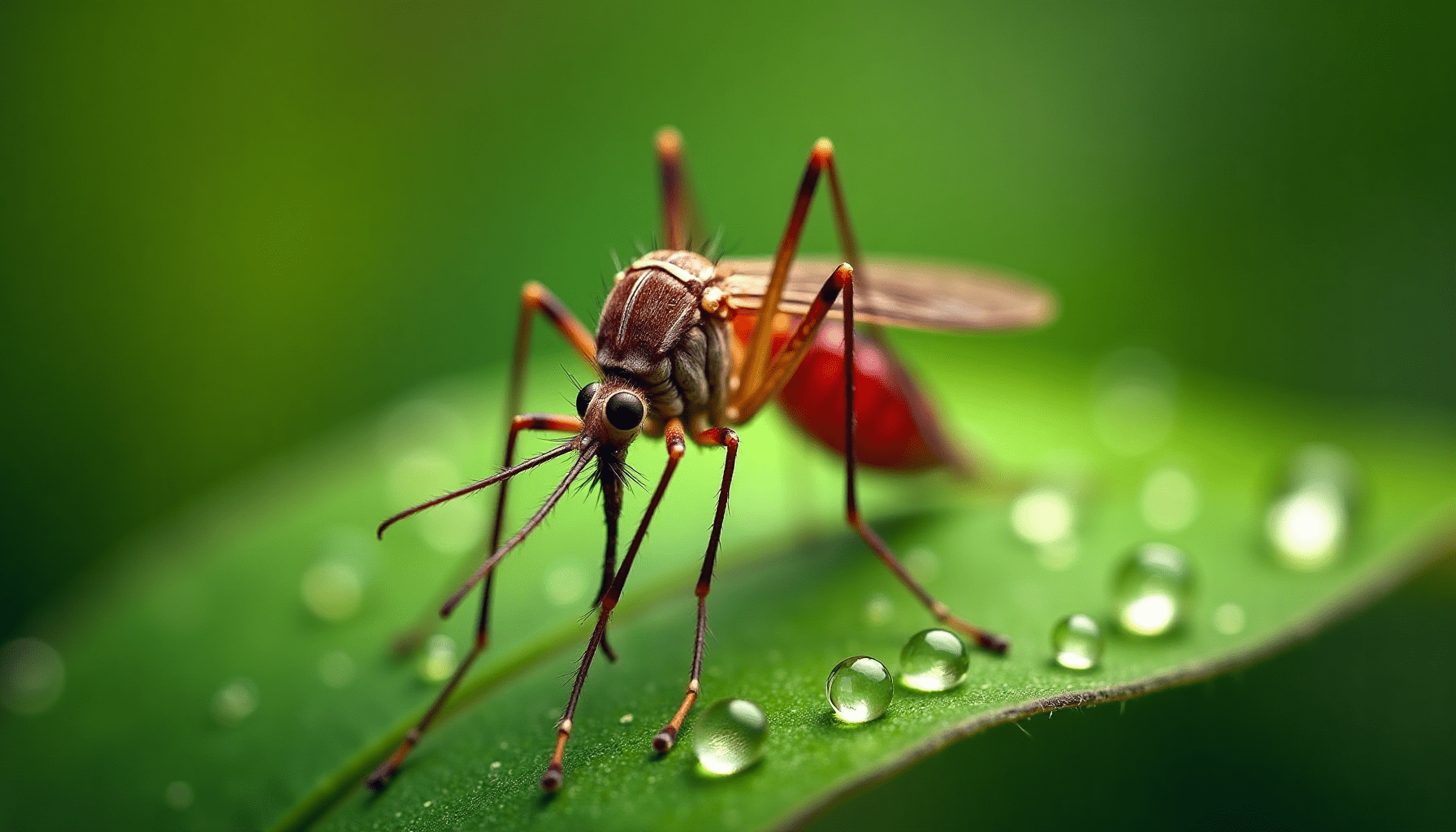 Dramatic macro shot of a mosquito on a dewy green leaf, highlighting details for insect bite identification.
