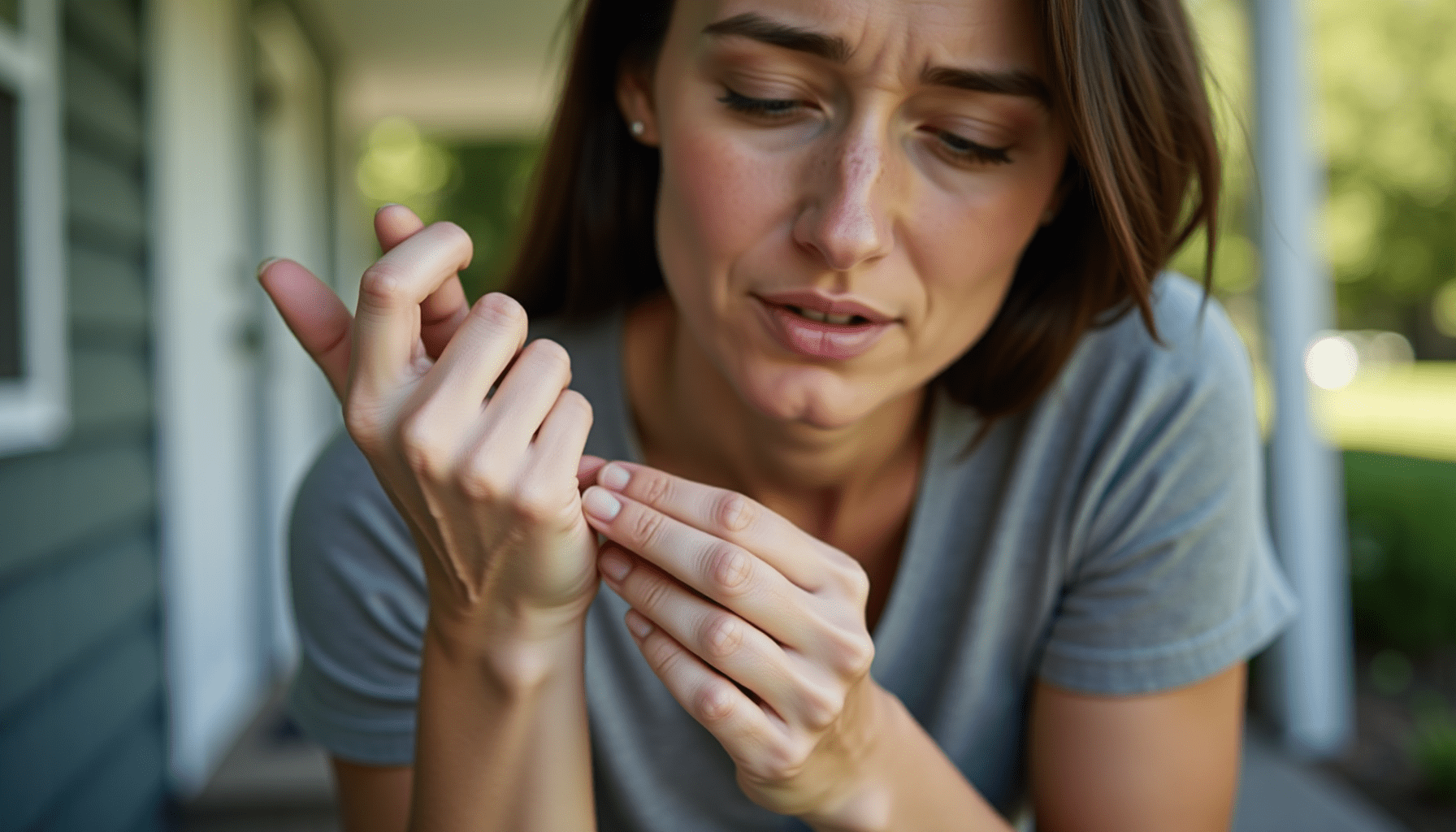 A person inspecting their forearm for a bug bite, illustrating how to identify insect bites in a natural setting.