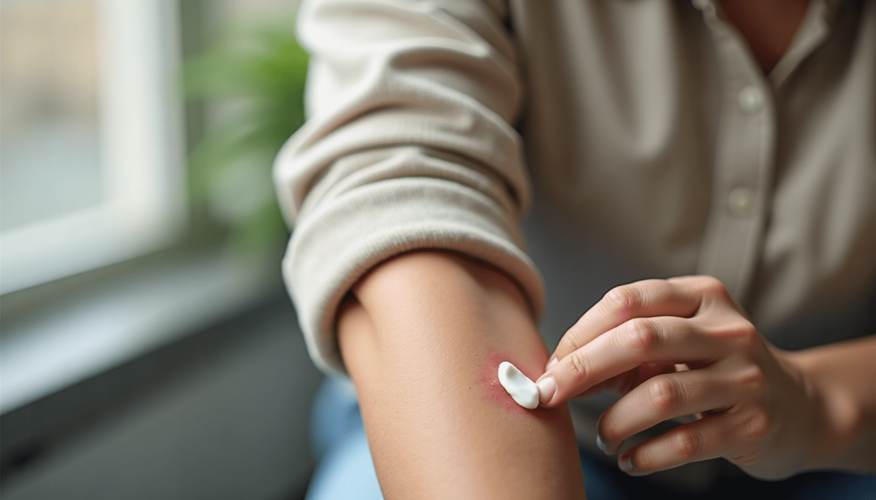 Person applying cream to an arm, providing bug bite relief and first aid for stings after an outdoor encounter.