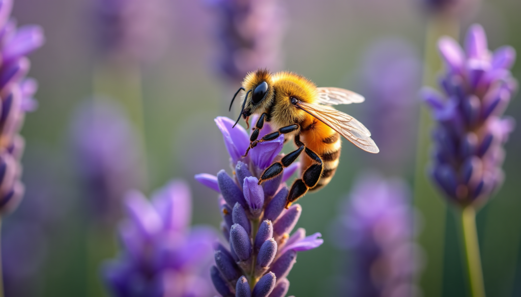 Detailed macro shot of a honeybee on a lavender flower, illustrating potential insect sting first aid scenarios.