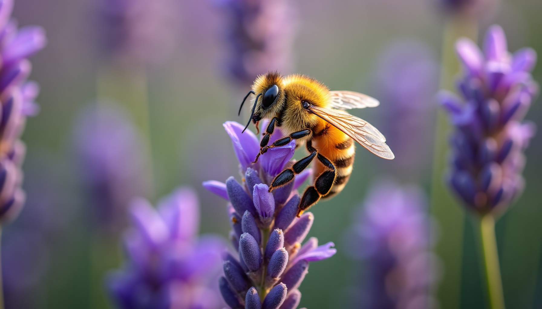 Detailed macro shot of a honeybee on a lavender flower, illustrating potential insect sting first aid scenarios.