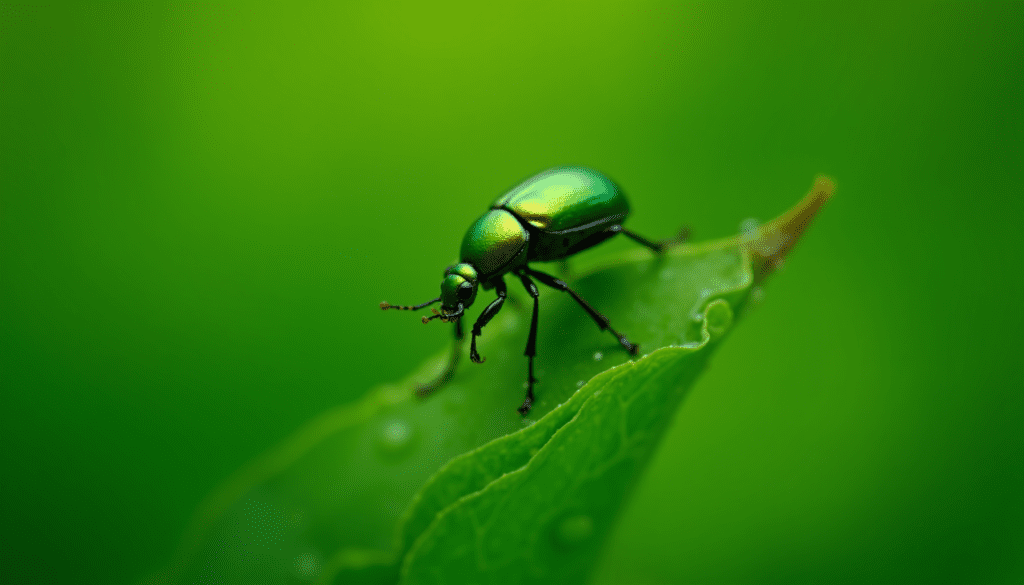 Close-up macro shot of a vibrant green blister beetle on a dew-kissed leaf, a potential cause of blistering insect bites.