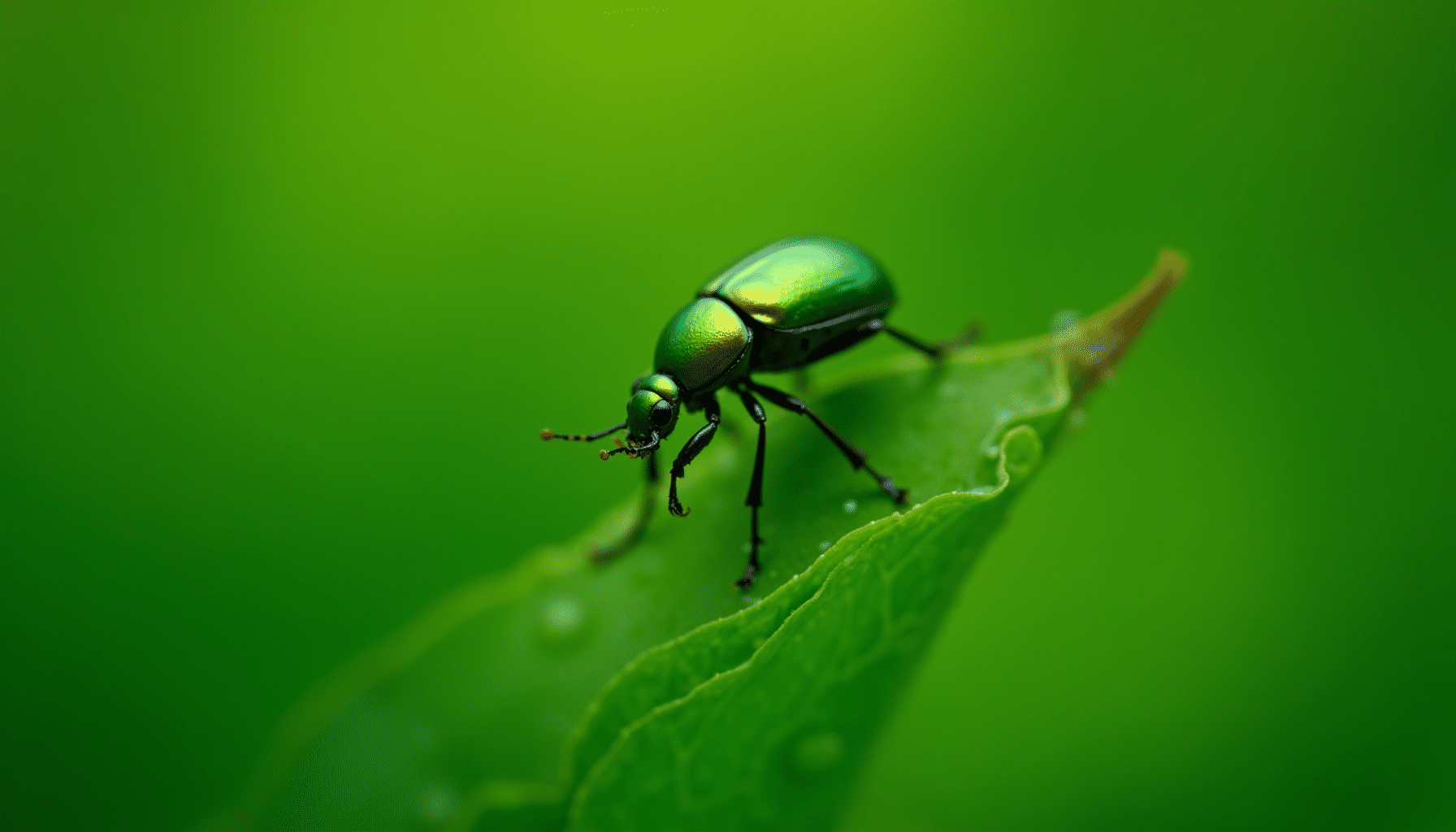 Close-up macro shot of a vibrant green blister beetle on a dew-kissed leaf, a potential cause of blistering insect bites.