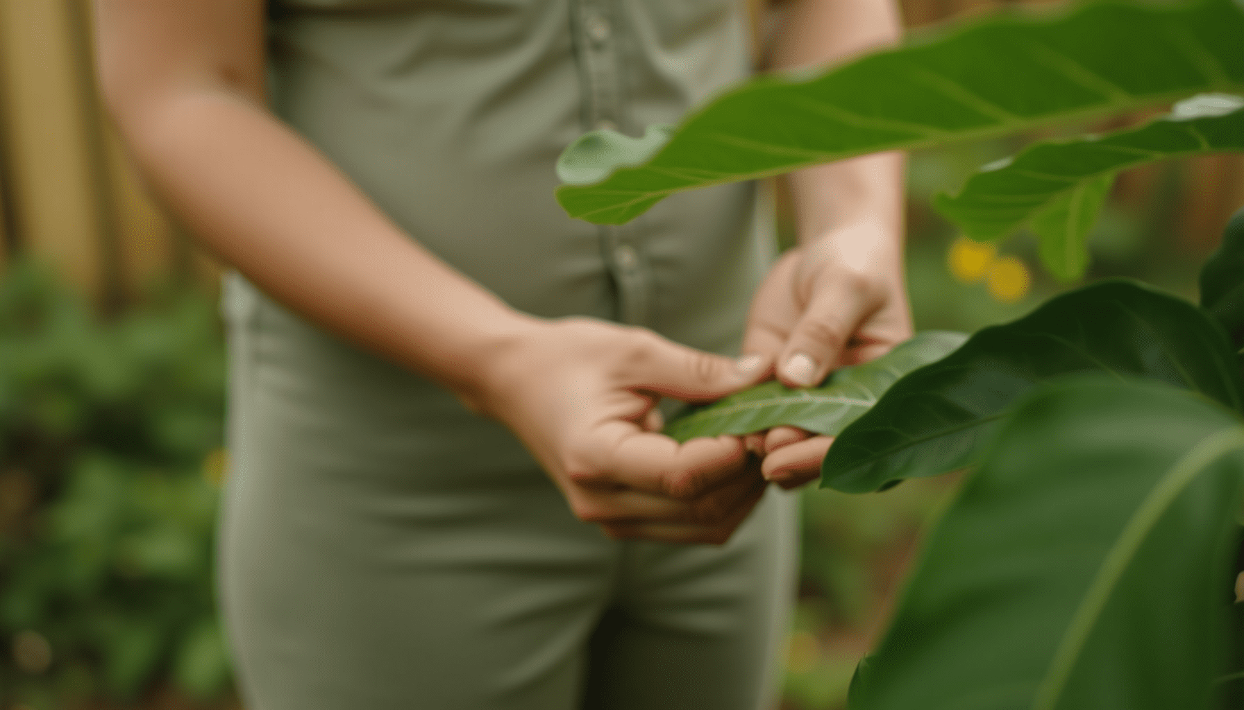 Person's hands gently examining a plant leaf in a garden, observing for insects or damage, related to insect bite treatment.