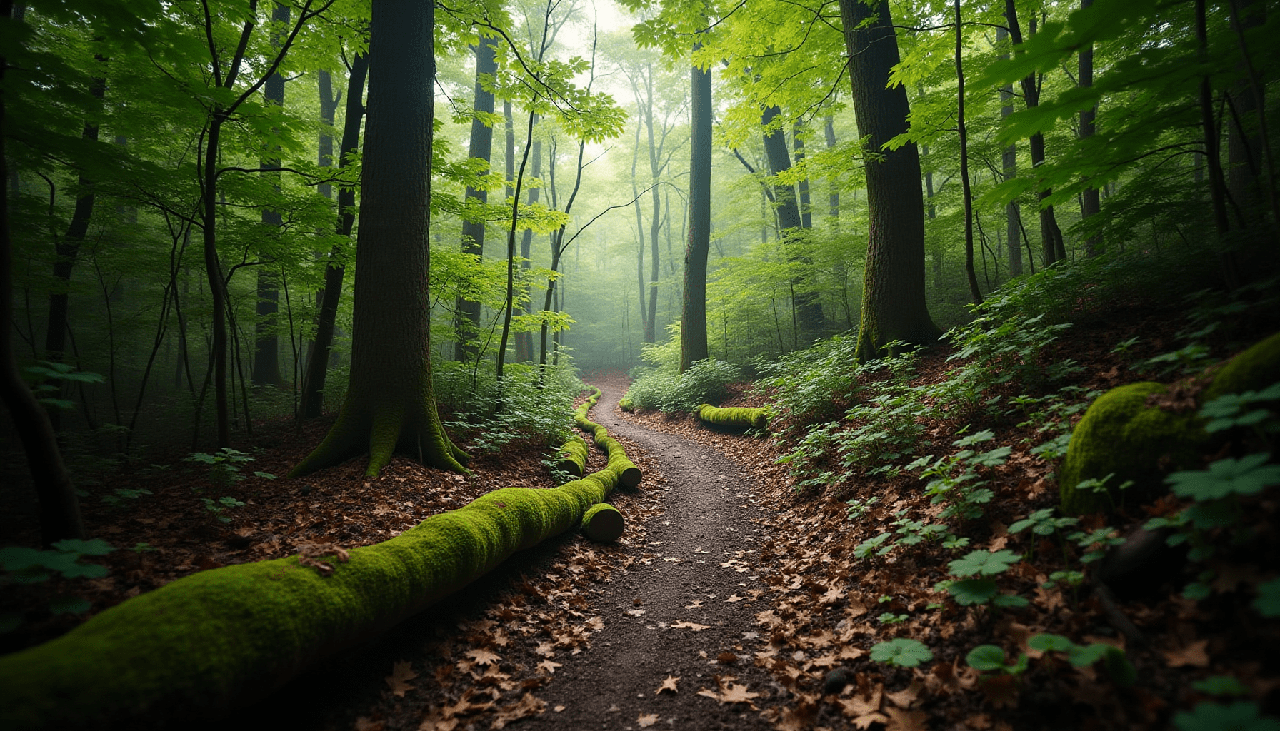 Dappled light on a humid forest floor and overgrown trail, showing prime habitat for US travel insect risks.