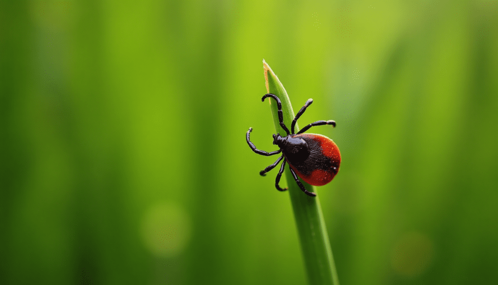 Dramatic macro shot of a deer tick on a blade of grass, highlighting the risk of insect-borne diseases for US travelers.