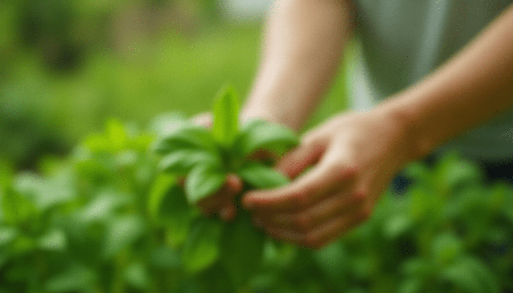A gardener's hands gently inspecting basil leaves for signs of pests or beneficial insects in a home garden.
