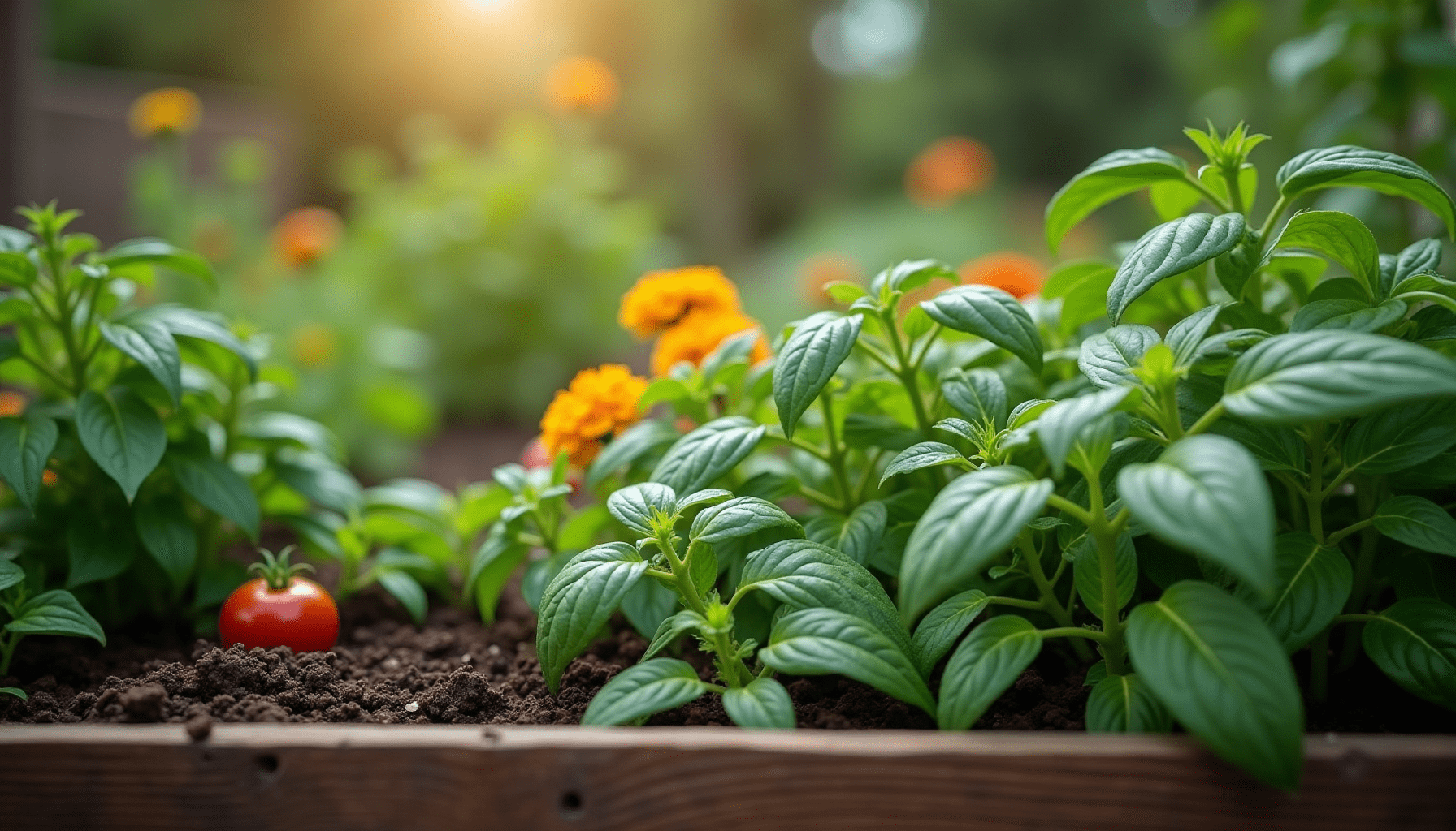 Medium-wide shot of a lush home garden bed with diverse plants, representing an integrated pest management approach.
