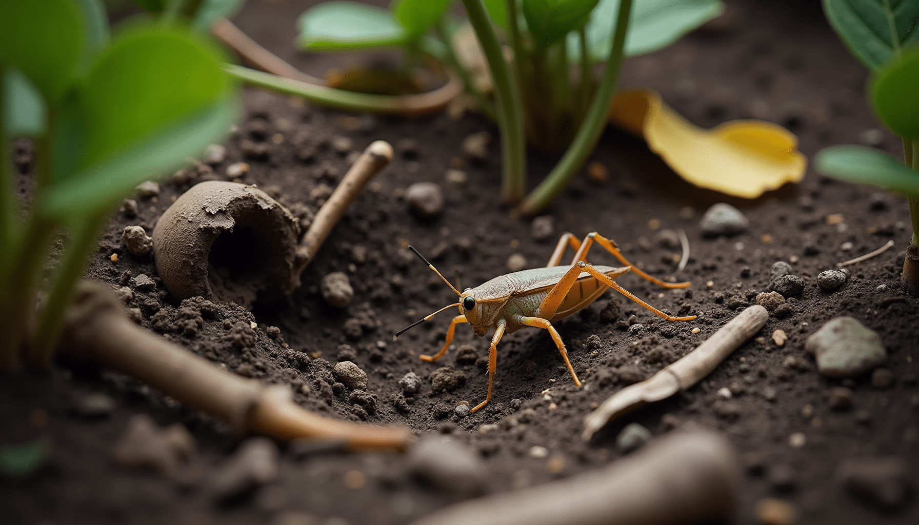 Garden soil with leaf litter, showing the typical habitat where Jerusalem crickets, often called potato bugs, reside.