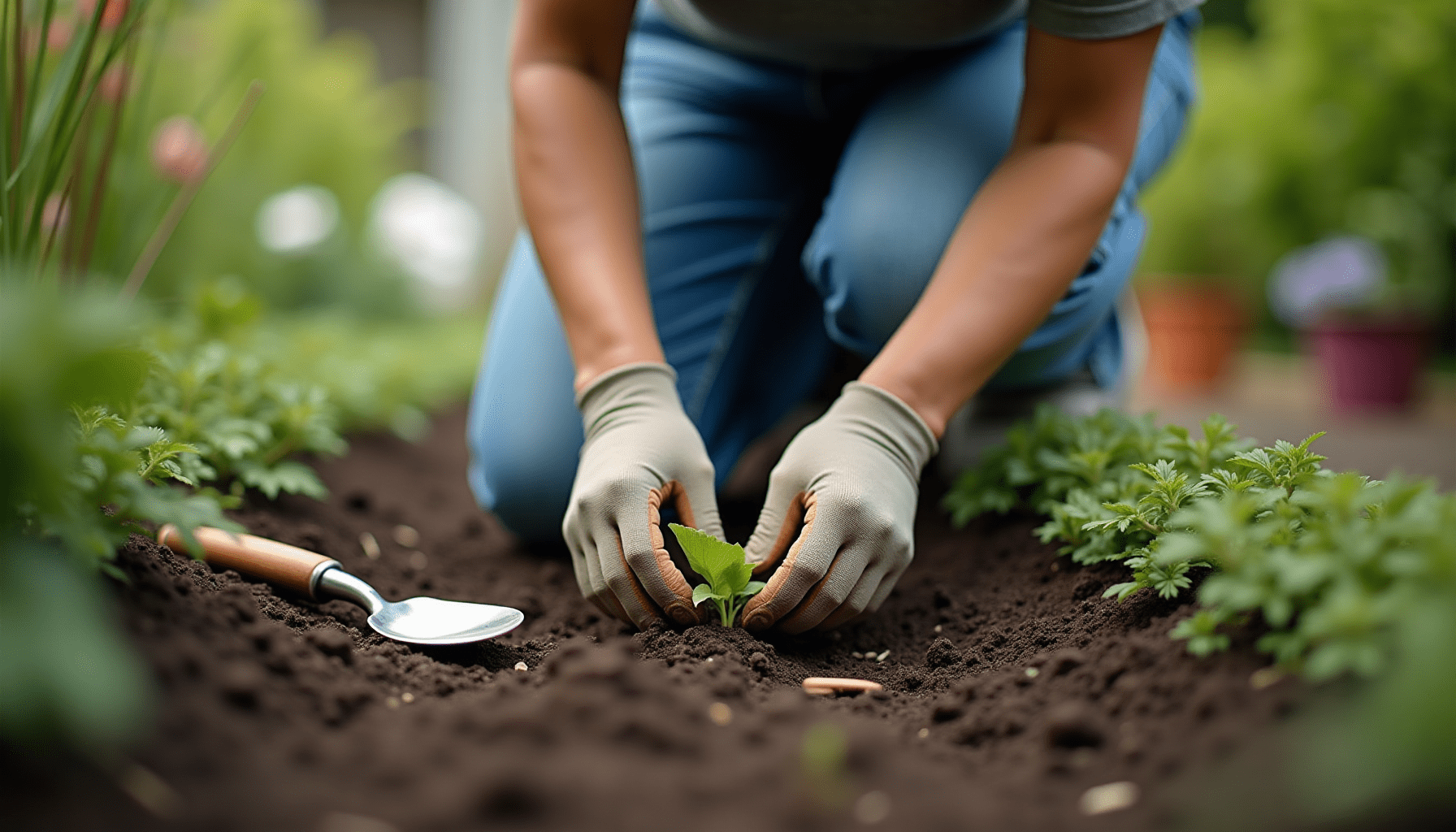 A person in casual clothing kneeling in a garden, gently sifting through soil, observing for Jerusalem crickets.