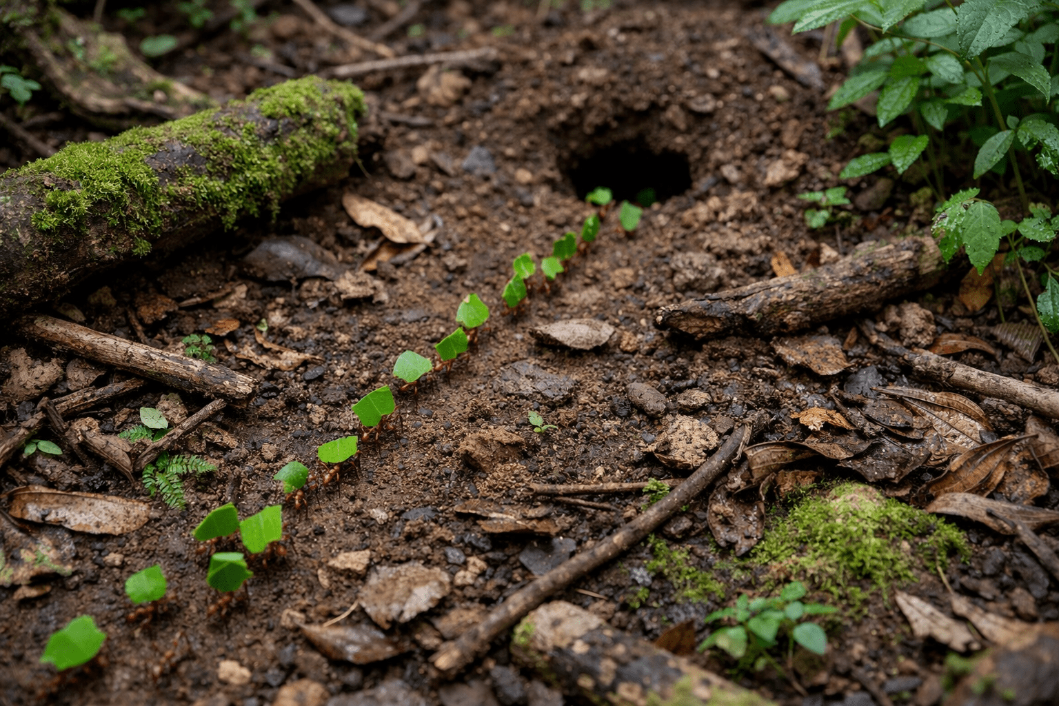 Leafcutter ants marching in line carrying leaf fragments along forest floor trail to underground nest