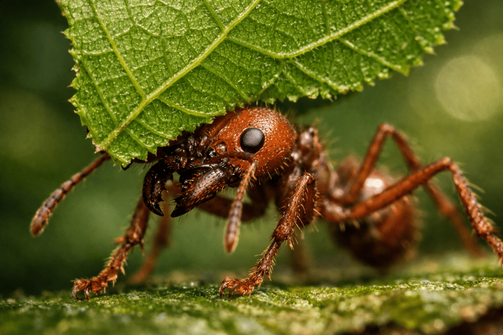 Leafcutter ant carrying green leaf fragment with detailed mandibles and legs visible in macro photography