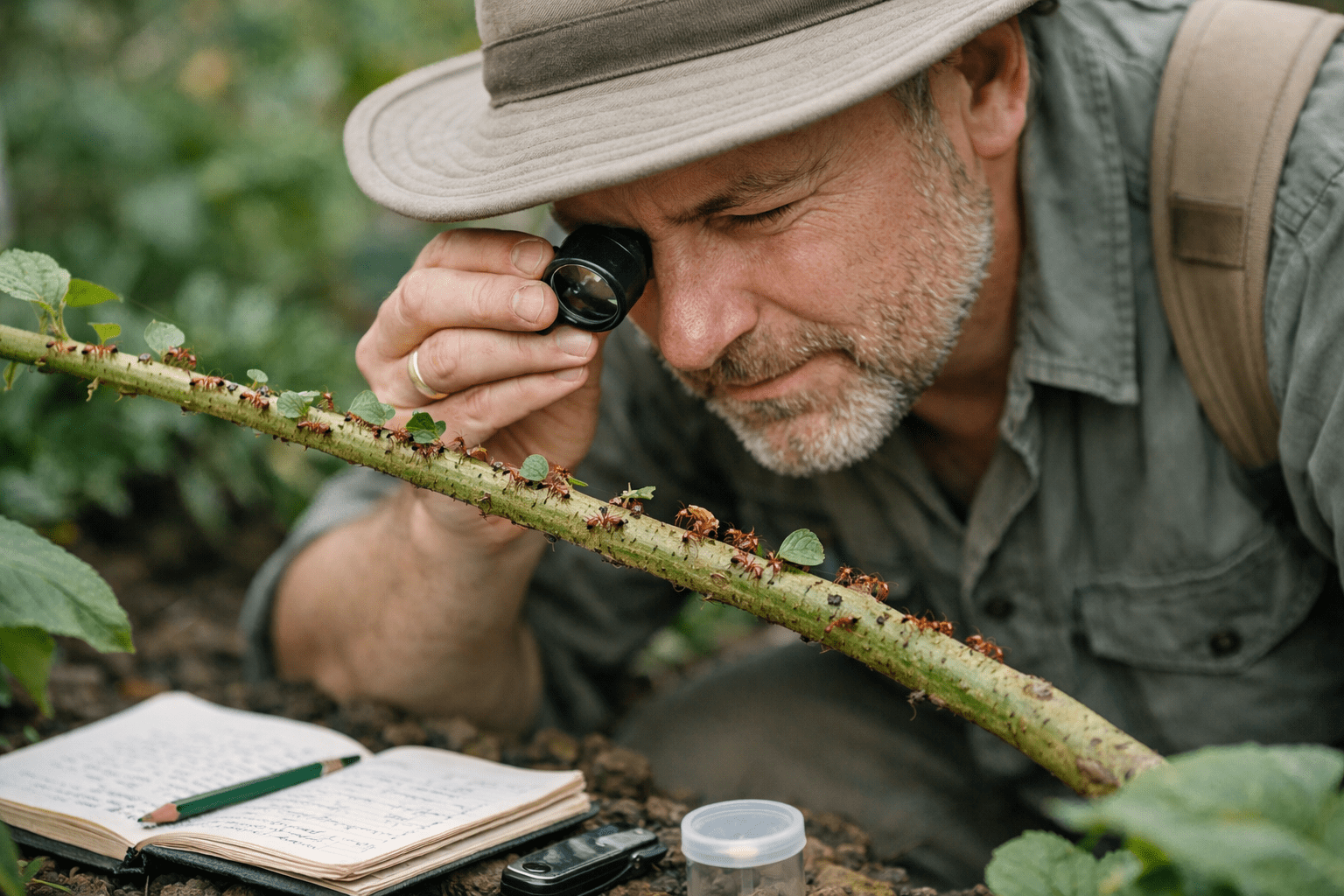 Person observing leafcutter ants on plant with magnifying glass during outdoor nature study