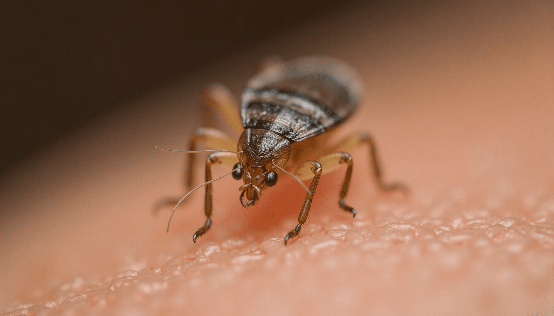 Extremely detailed macro photo of an adult head louse on human hair, helping to identify lice vs dandruff.