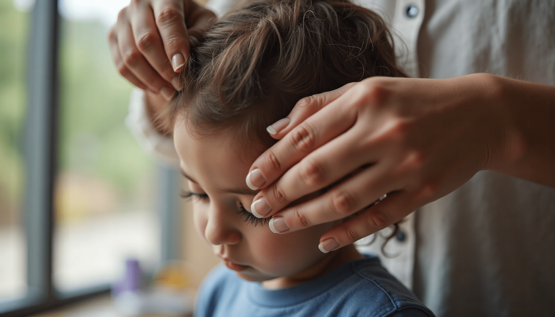Adult carefully inspecting a child's hair and scalp to identify if it's dandruff or lice.