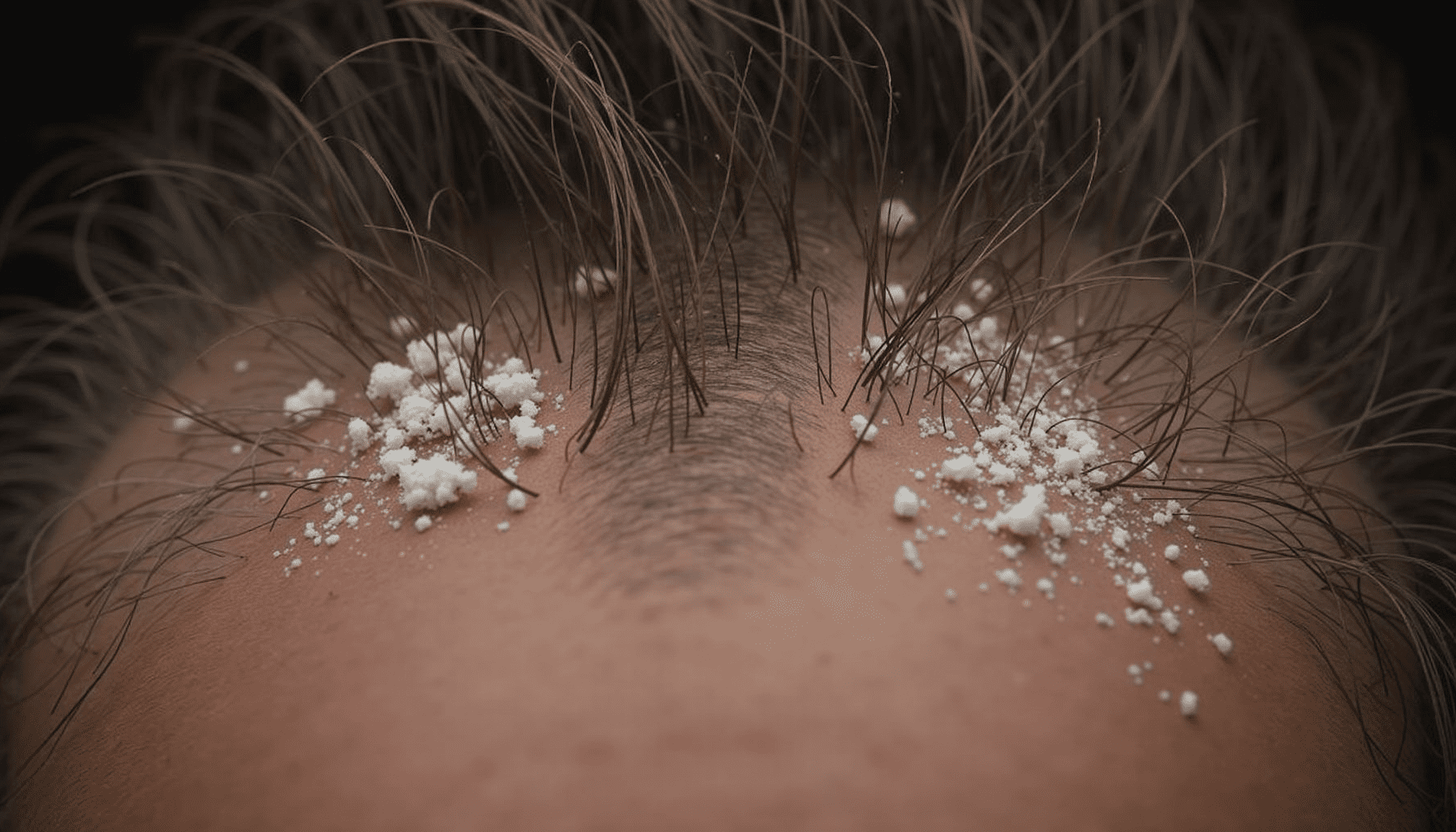 Close-up showing the difference between head lice nits on hair shafts and dandruff flakes on the scalp.