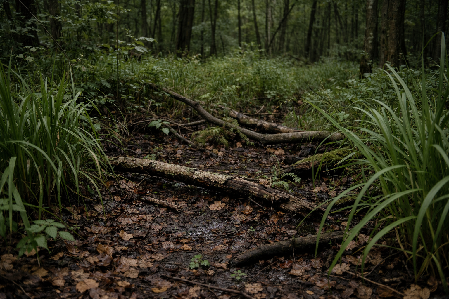 Forest floor with tall grass and leaf litter showing typical tick habitat for Lyme disease prevention