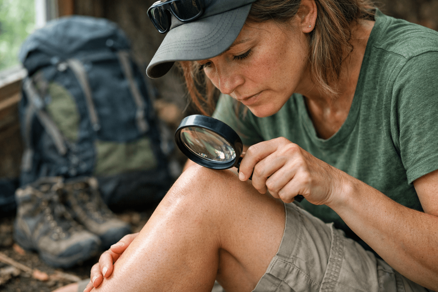 Woman inspecting leg for ticks after hiking, demonstrating tick prevention and removal safety