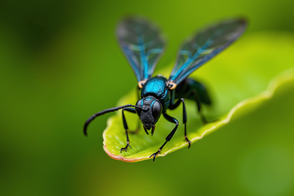 Close-up of a Mud Dauber Wasp on a green leaf, highlighting its shiny body and intricate details.