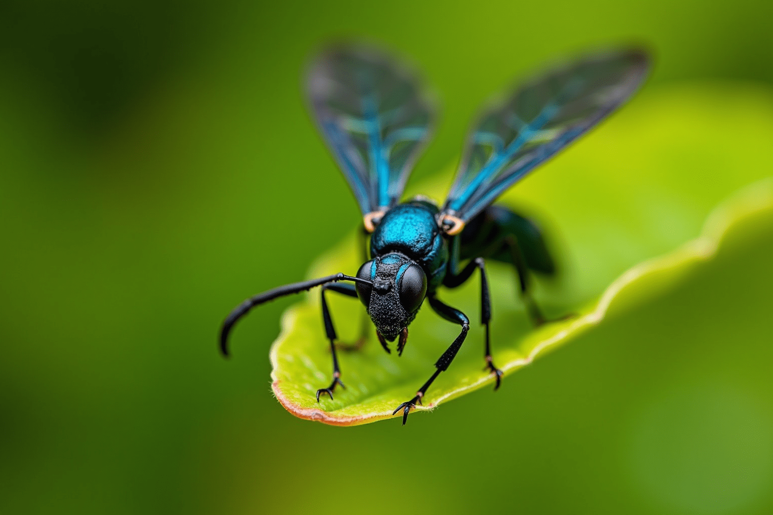 Close-up of a Mud Dauber Wasp on a green leaf, highlighting its shiny body and intricate details.