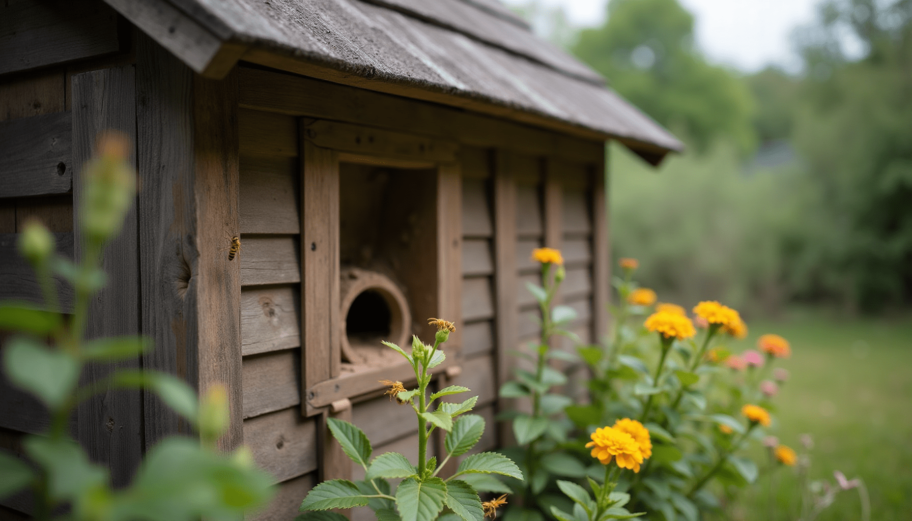 Backyard scene with mud tubes from Mud Dauber Wasps on a shed, surrounded by flowers and grass.