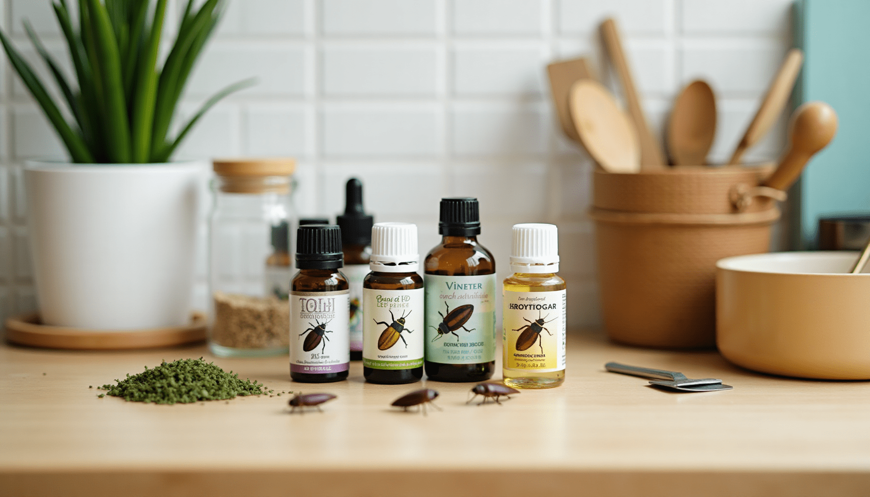 Home setting with natural cockroach repellents and kitchen items for pest management.