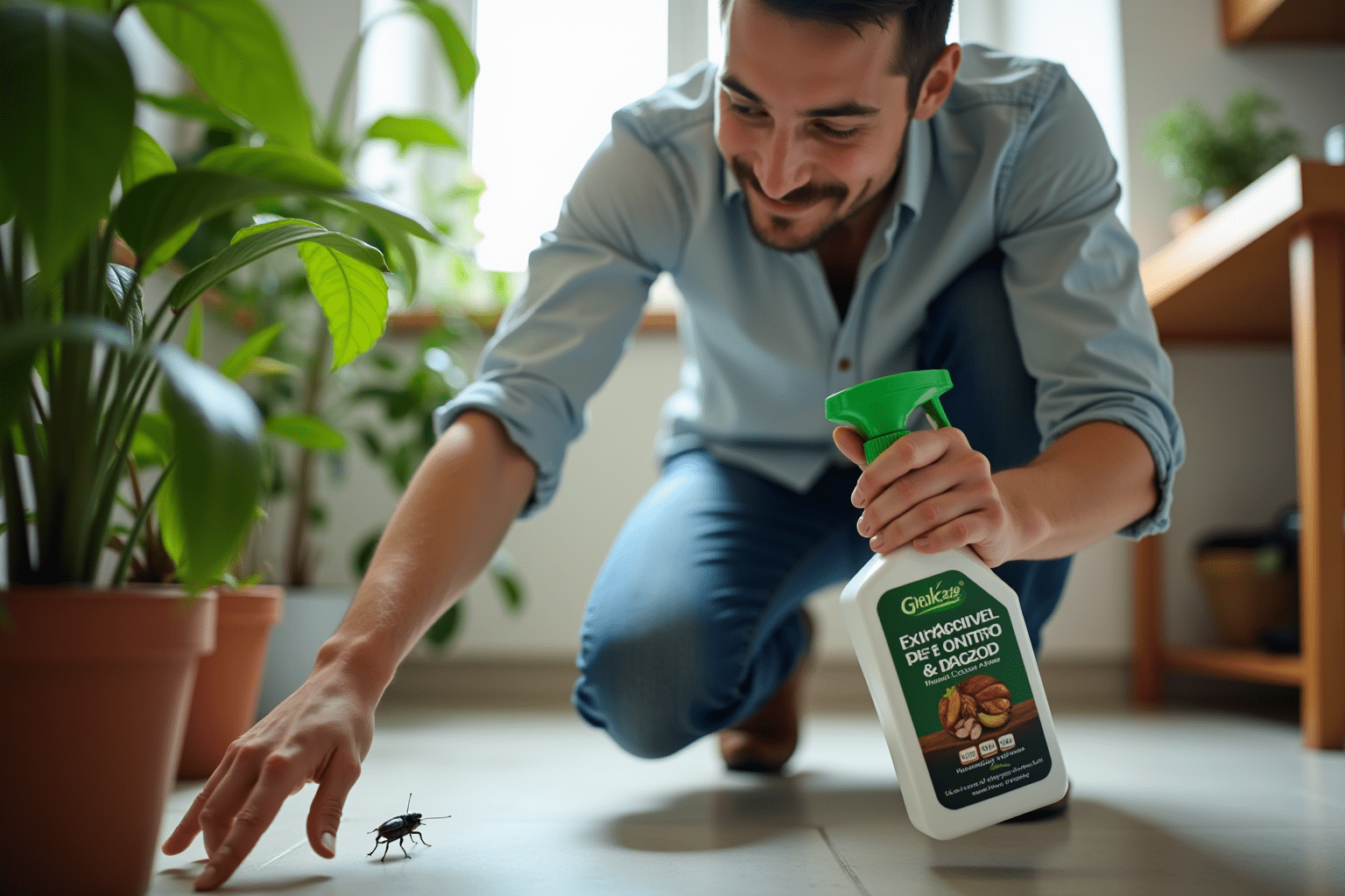 Person using natural pest control methods in their kitchen for cockroach management.