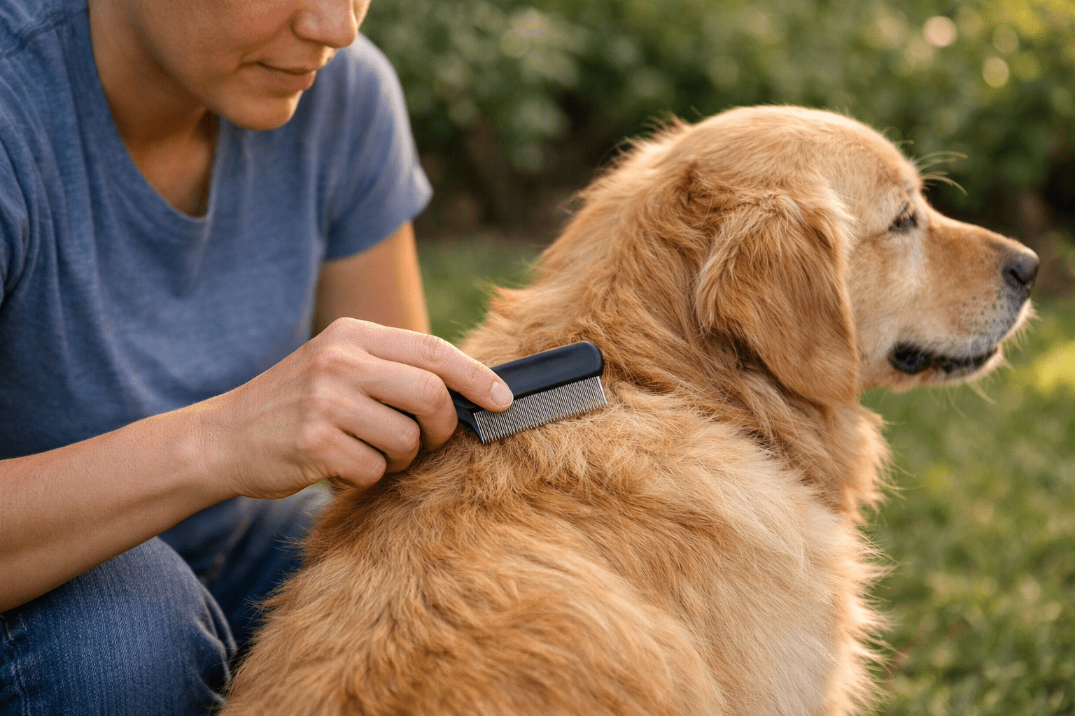 Person combing dog's fur with flea comb using natural flea removal technique outdoors