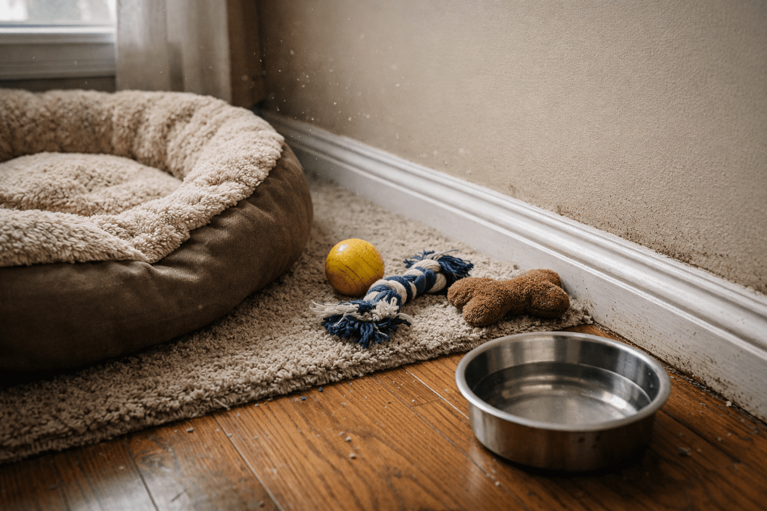 Dog's bedroom and living space showing common flea habitat areas in home environment
