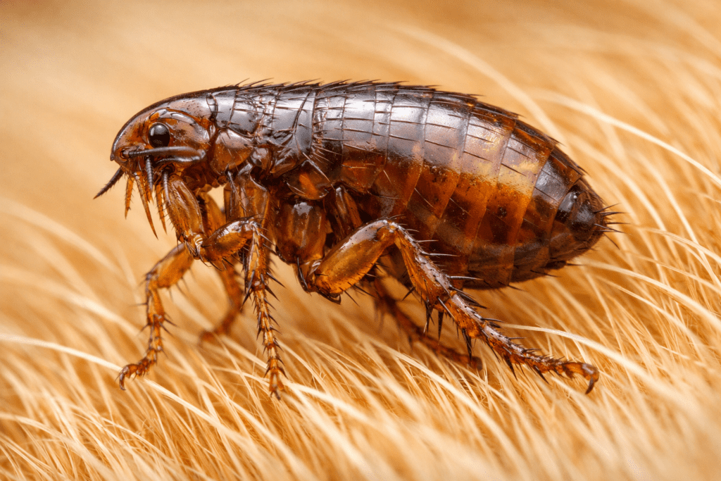 Detailed macro photograph of a flea on dog fur showing natural flea treatment education