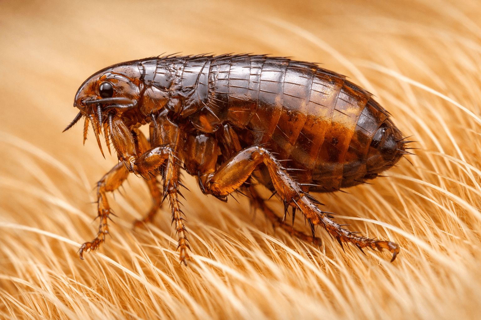 Detailed macro photograph of a flea on dog fur showing natural flea treatment education