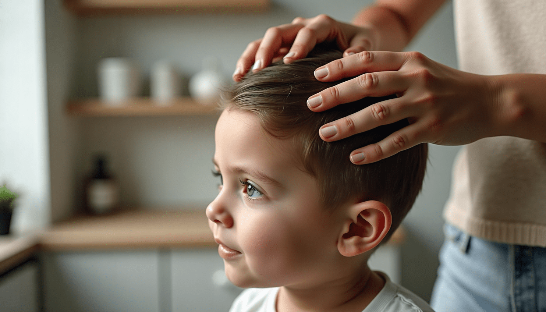 Parent gently applies natural lice remedies like tea tree oil and coconut oil to a child's hair at home.