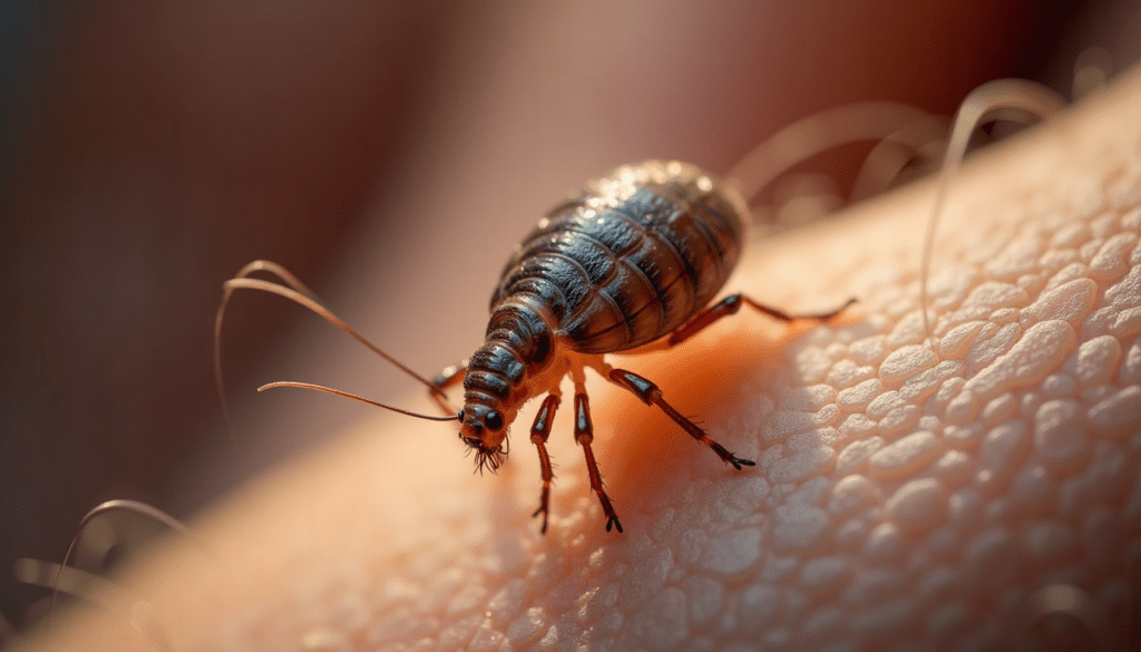 Extreme macro photograph of a single head louse clinging to a strand of human hair, showcasing natural lice details.