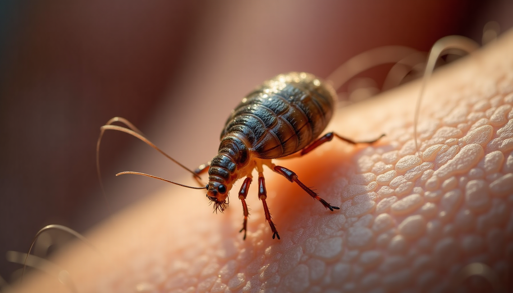Extreme macro photograph of a single head louse clinging to a strand of human hair, showcasing natural lice details.