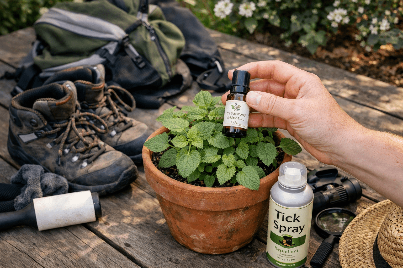 Person applying essential oil for natural tick prevention near outdoor hiking gear and garden plants