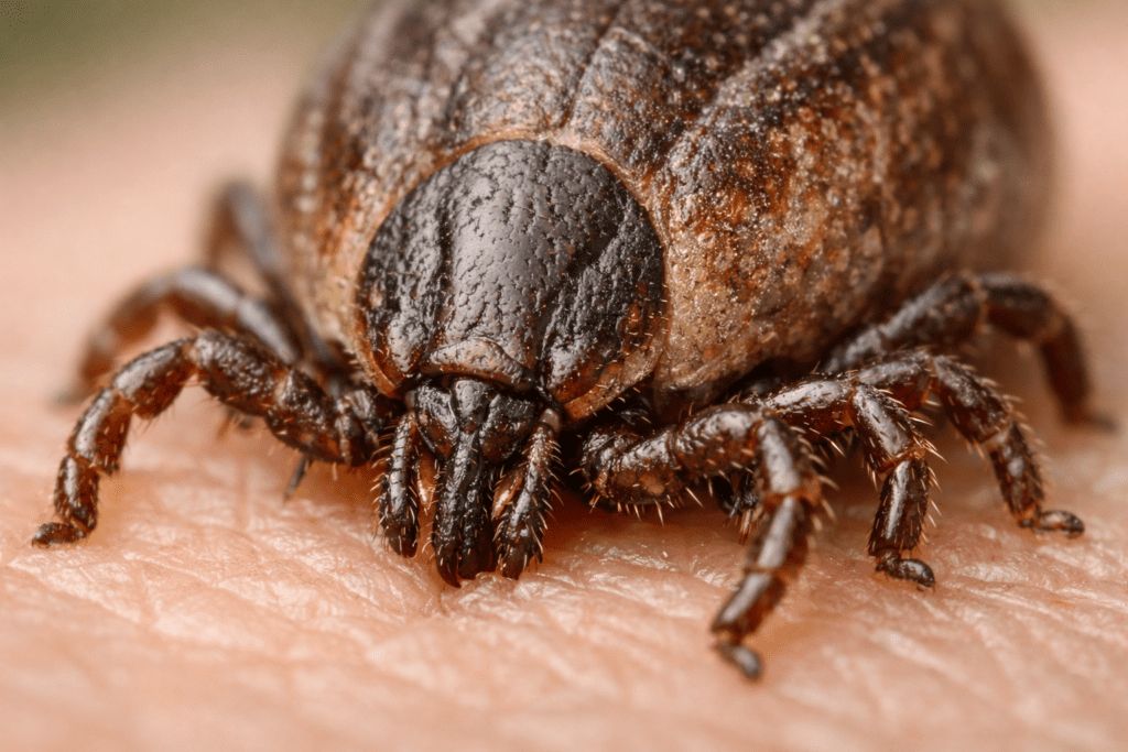 Detailed macro photograph of a tick showing body segments and legs for natural tick repellent identification