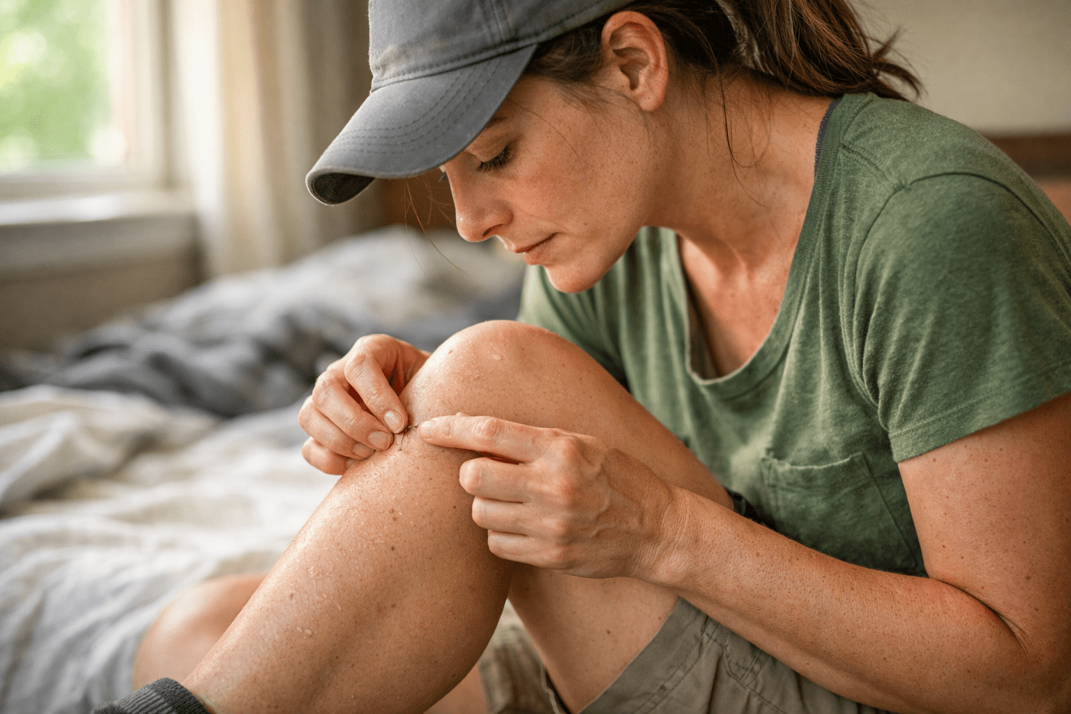 Woman checking skin for ticks after outdoor activity using natural tick prevention methods