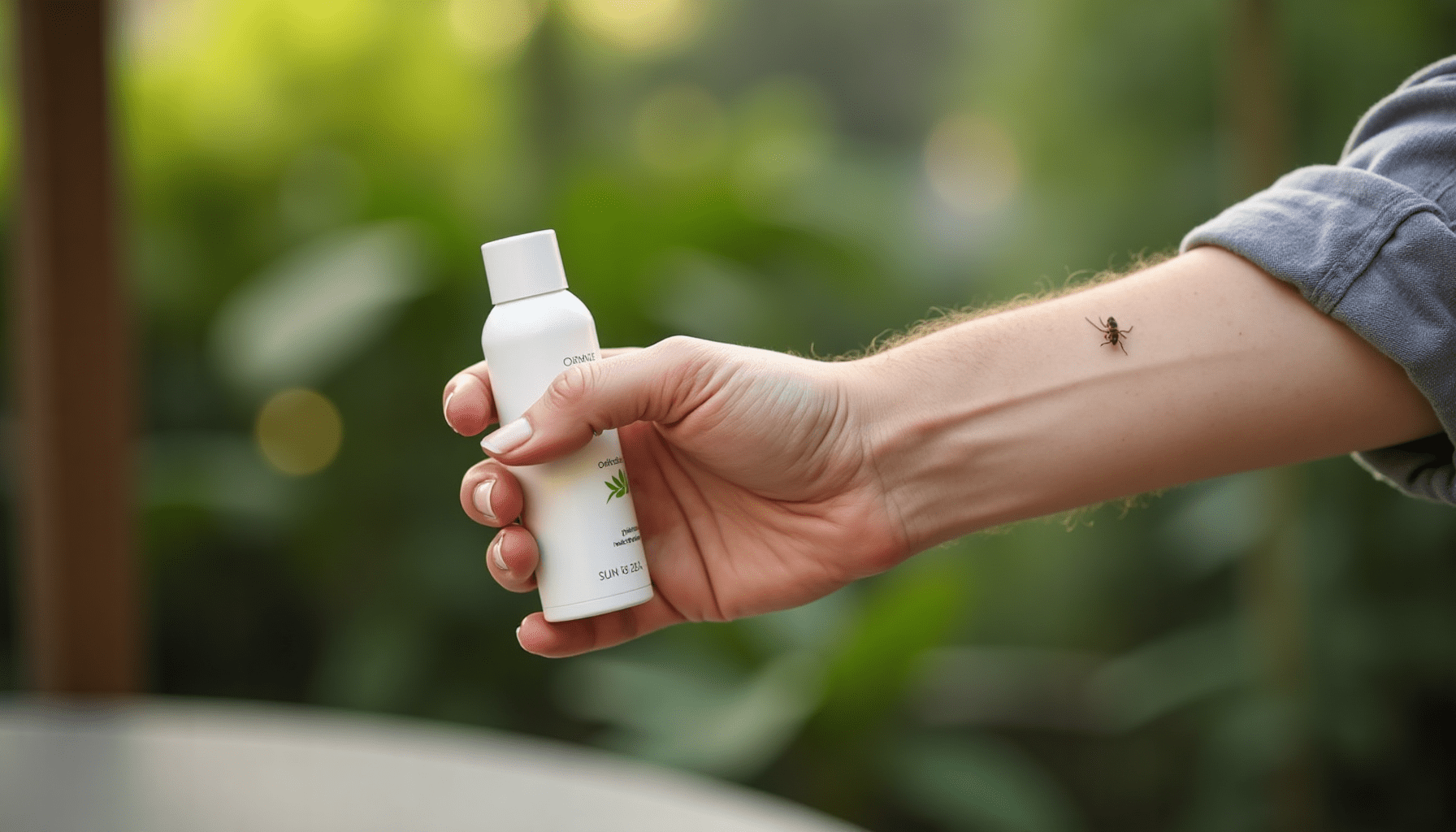 Person's hand applying insect repellent to their arm outdoors, a practical step for no-see-ums prevention.