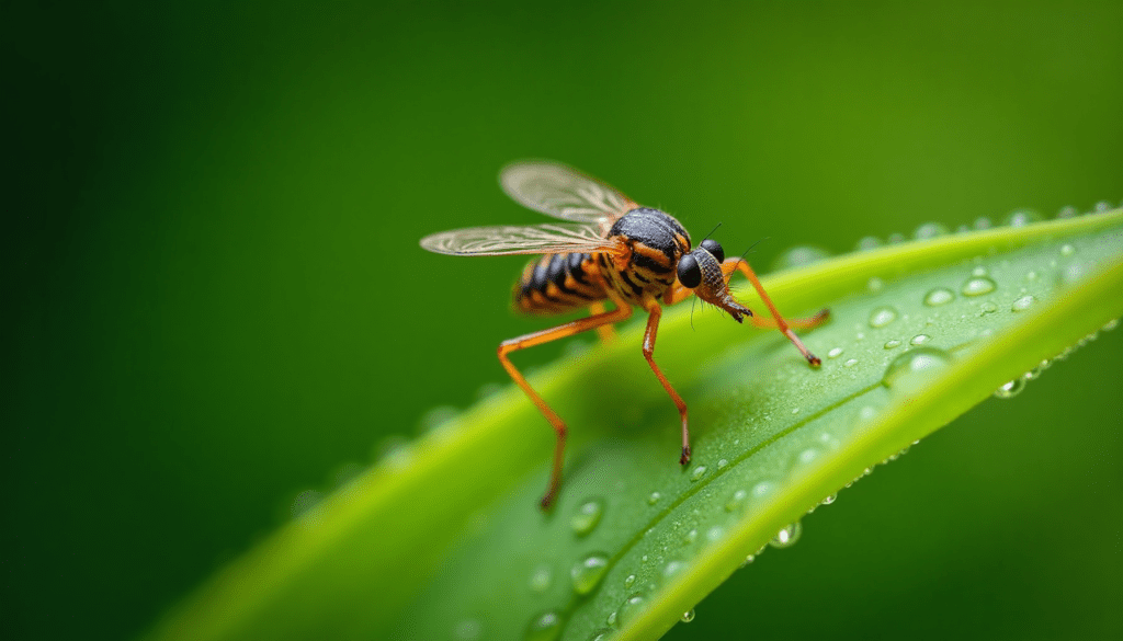 Dramatic macro close-up of a biting midge (no-see-um) on a dewy green leaf, showcasing intricate details and natural textures.
